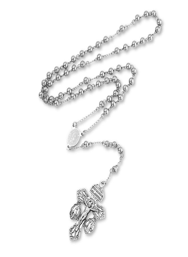 SANDOO Pardon Crucifix Necklace with Stainless Steel Rosary Beads - Cruz Del Perdon Catolica with St Benedict Medal,Crucifijo Del Perdon,Regalo Religioso Católico De Para Hombres Y Mujeres (SILVER) - Image 1